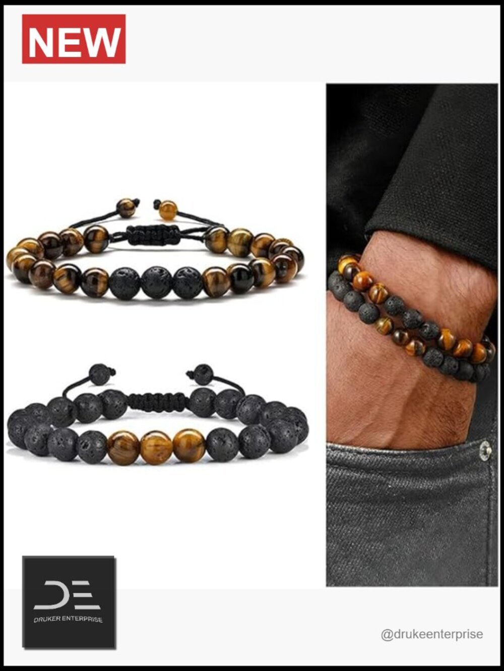 Beaded Bracelets Set for Men - Natural Stone 8mm Tiger Eye Matte Agate Lava
